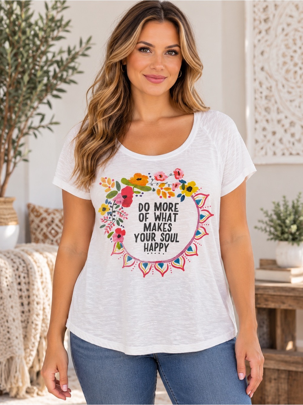 NATURAL LIFE White Short-Sleeve Tee with Multicolor Floral Graphic Size Small